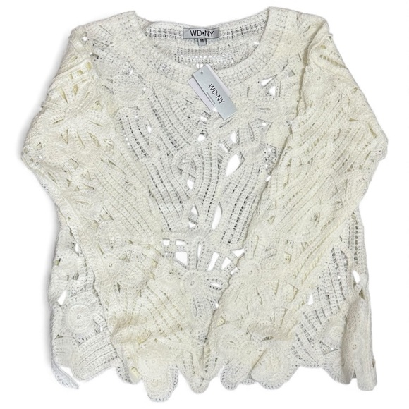 WD·NY Ivory Openwork Crochet Sweater Scalloped Hem Boho Romantic M Holiday Gift - Picture 3 of 11
